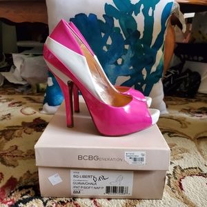Used BCBGENERATION Pink and White Open Toe Pumps